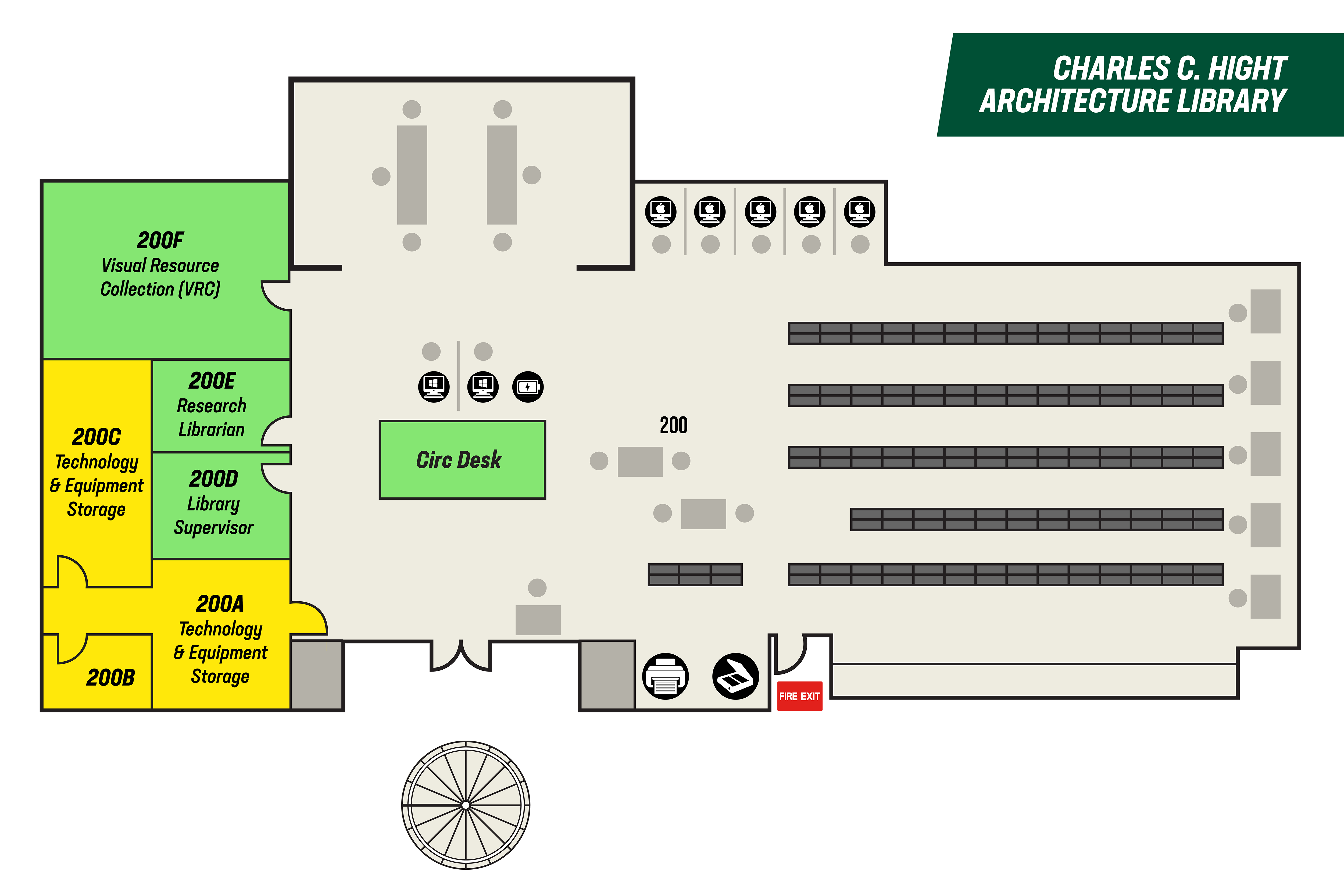 visual depiction of the topology of the architecture library in Storrs Hall: location of staff, collections, tech, & seating.