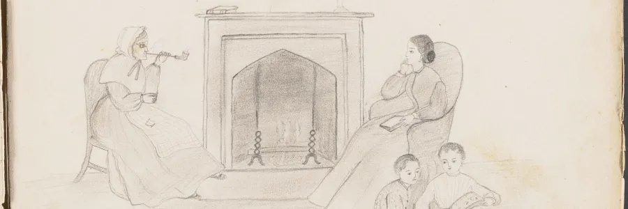 Sketch of two women and children around the hearth