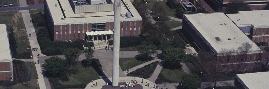 Aerial view of Belk Tower, circa 1970s-80s