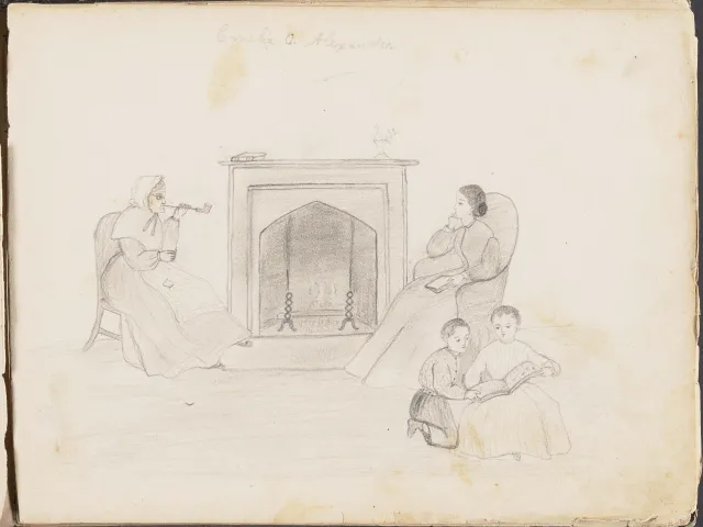 Sketch of two women and children around the hearth